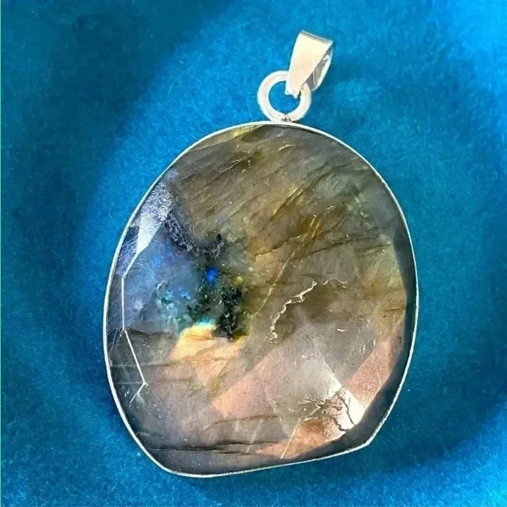 Hand Crafted Genuine  Faceted Rainbow Labradorite and Sterling Silver Pendant